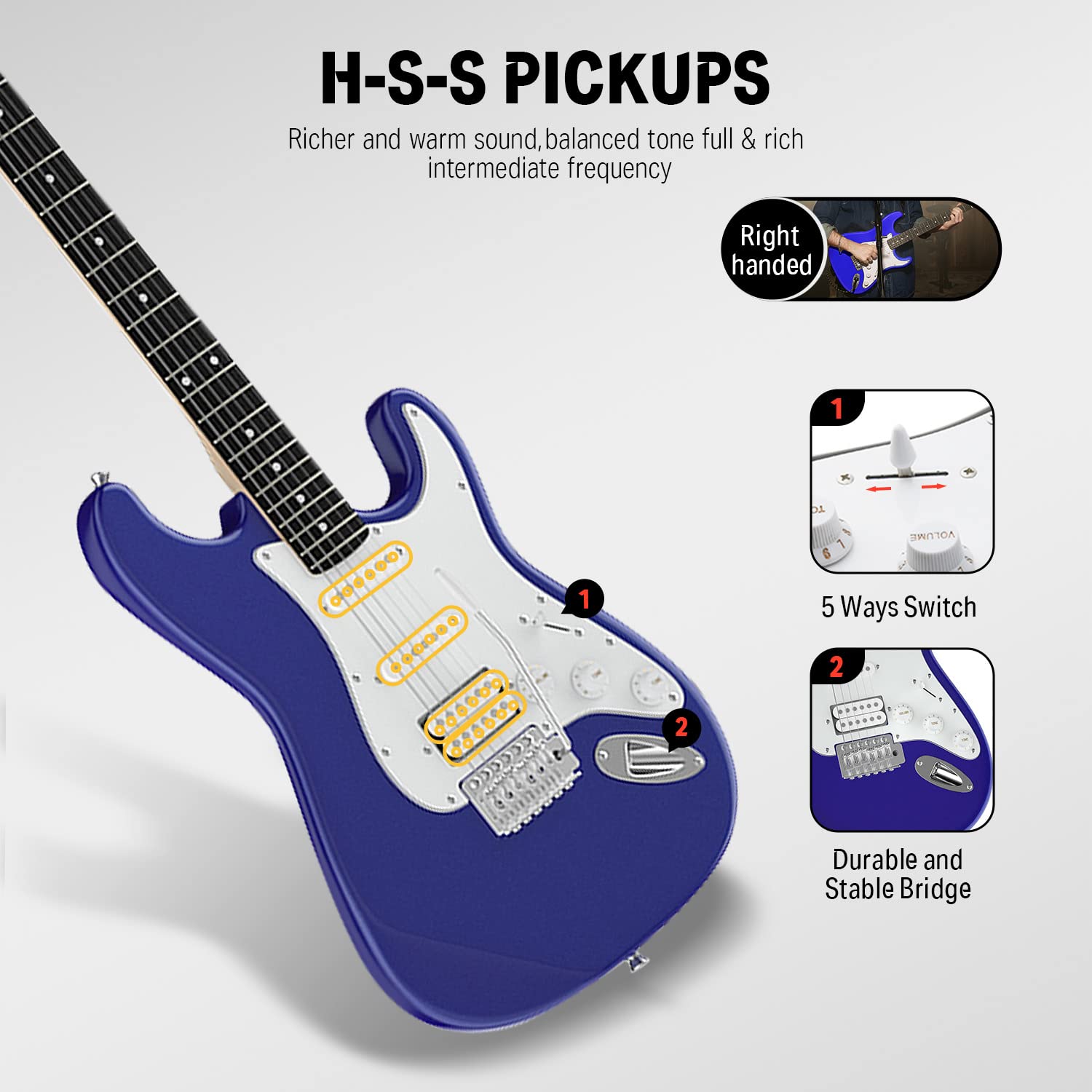 Donner DST-100L 39 Inch Electric Guitar Beginner Kit Full Size Solid Body Purple Sapphire Blue HSS Pick Up Starter Package with